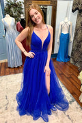Abito lungo da sera azzurro in tulle con scollo a V e schiena scoperta, spacco alto, abito formale azzurro da ballo di fine corso Y218
