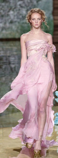 Vestito da festa e ballo con applicazioni in chiffon rosa carino, abito da sera a linea A con spacco Y8436