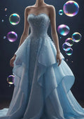 Vestido de noite formal azul elegante em chiffon sem alças com contas, modelo sereia para baile Y8338