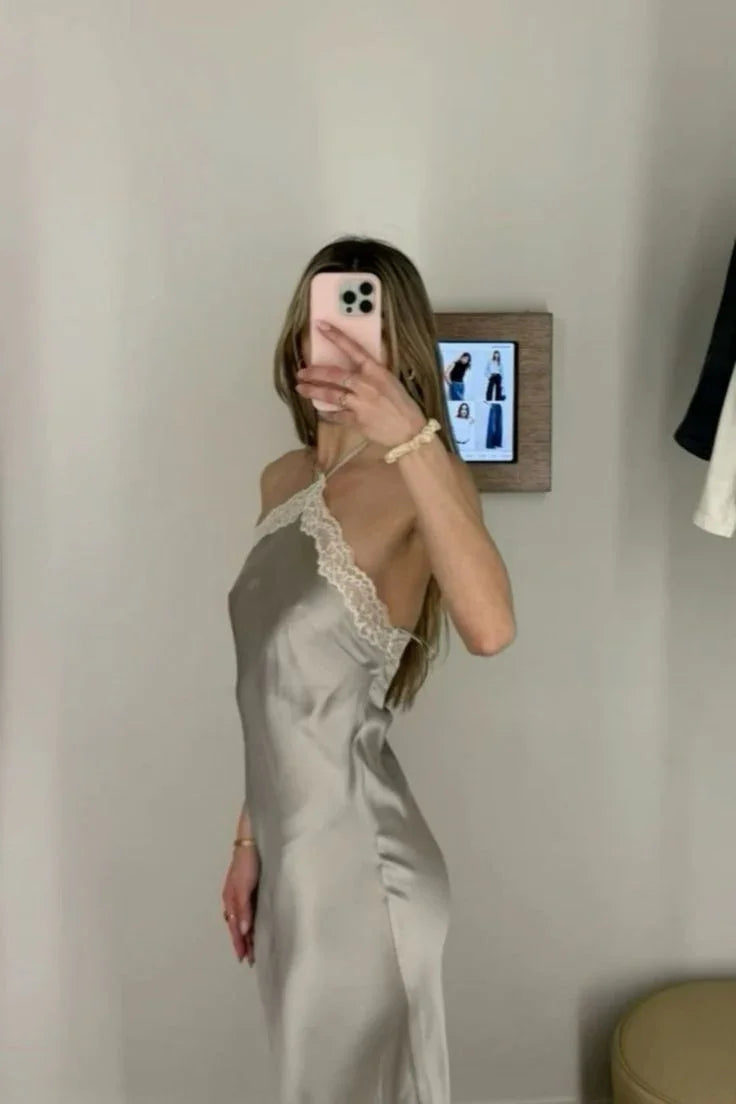 Vestito da sera elegante in raso con pizzo e collo all'americana Y8169