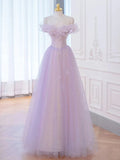 Vestido longo de baile roxo com decote ombro a ombro em linha A, Vestidos formais de noite roxos Y1783