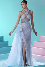 فستان سهرة طويل أزرق بترتر على شكل حورية البحر بدون أكمام من التول مع فتحة جانبية