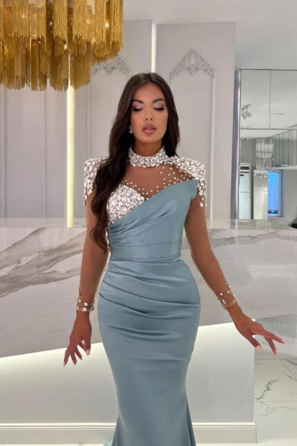 فستان سهرة ساتان أزرق طويل برقبة عالية لامع بأكمام طويلة وتصميم حورية البحر فاخر