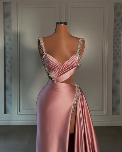 Glamorous Long Pink Straps Satin Split Front Beading Prom Dress With Ruffles