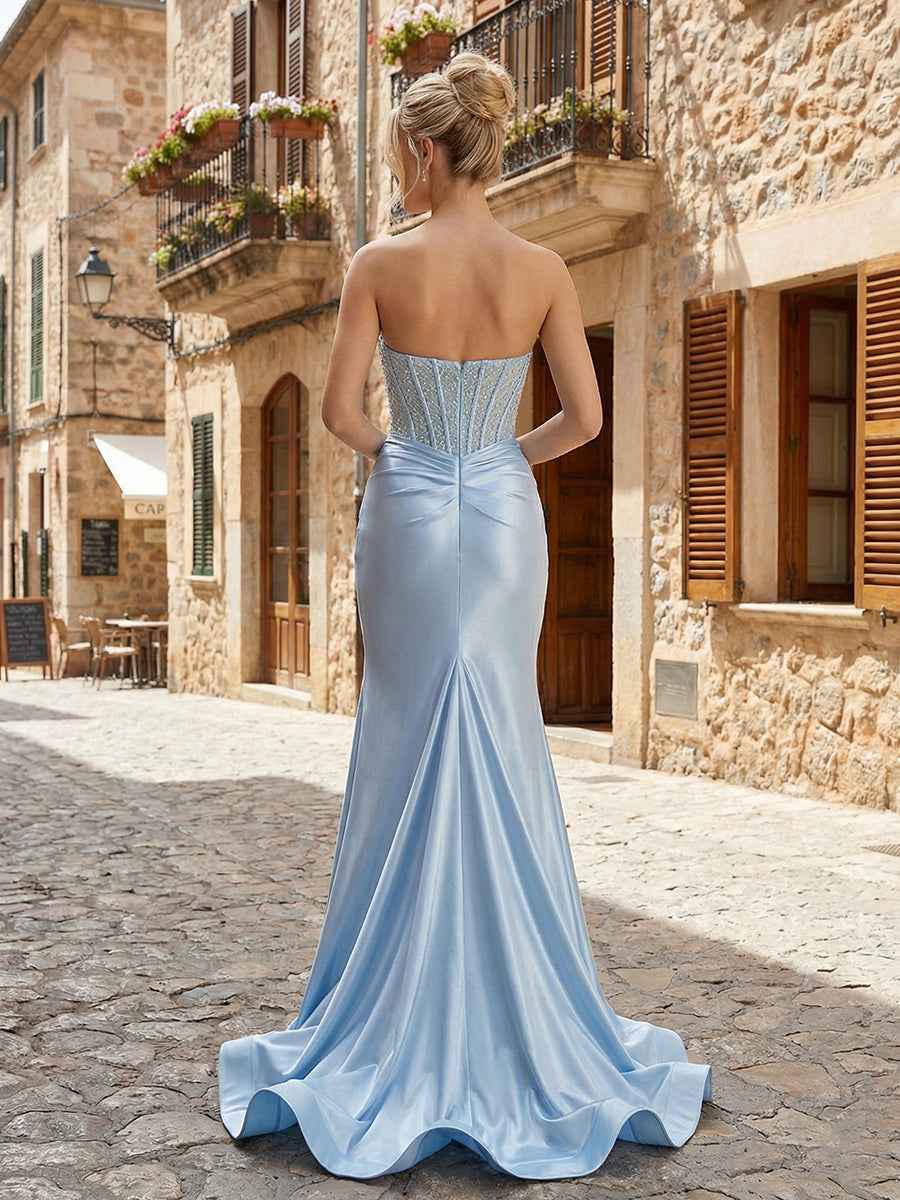 Glamorous Red Strapless Beaded Corset Satin Prom Dress