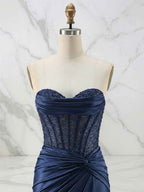 Glamorous Red Strapless Beaded Corset Satin Prom Dress