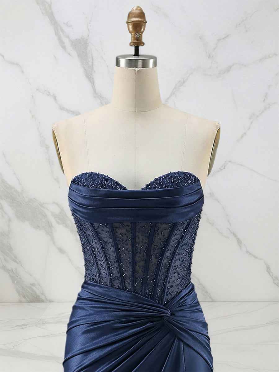 Glamorous Red Strapless Beaded Corset Satin Prom Dress