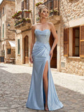 Glamorous Red Strapless Beaded Corset Satin Prom Dress