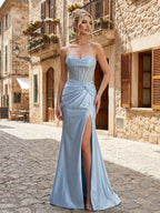 Glamorous Red Strapless Beaded Corset Satin Prom Dress