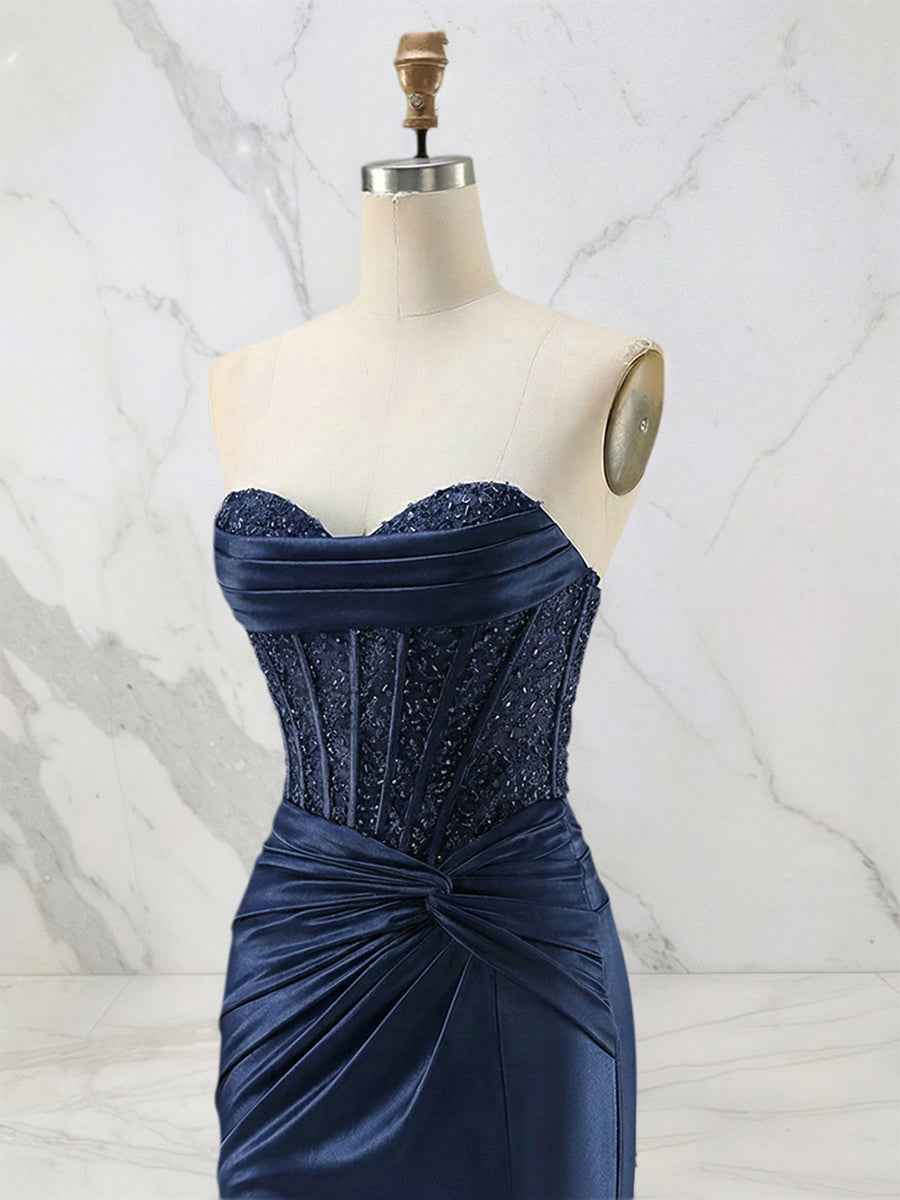 Glamorous Red Strapless Beaded Corset Satin Prom Dress