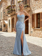 Glamorous Red Strapless Beaded Corset Satin Prom Dress