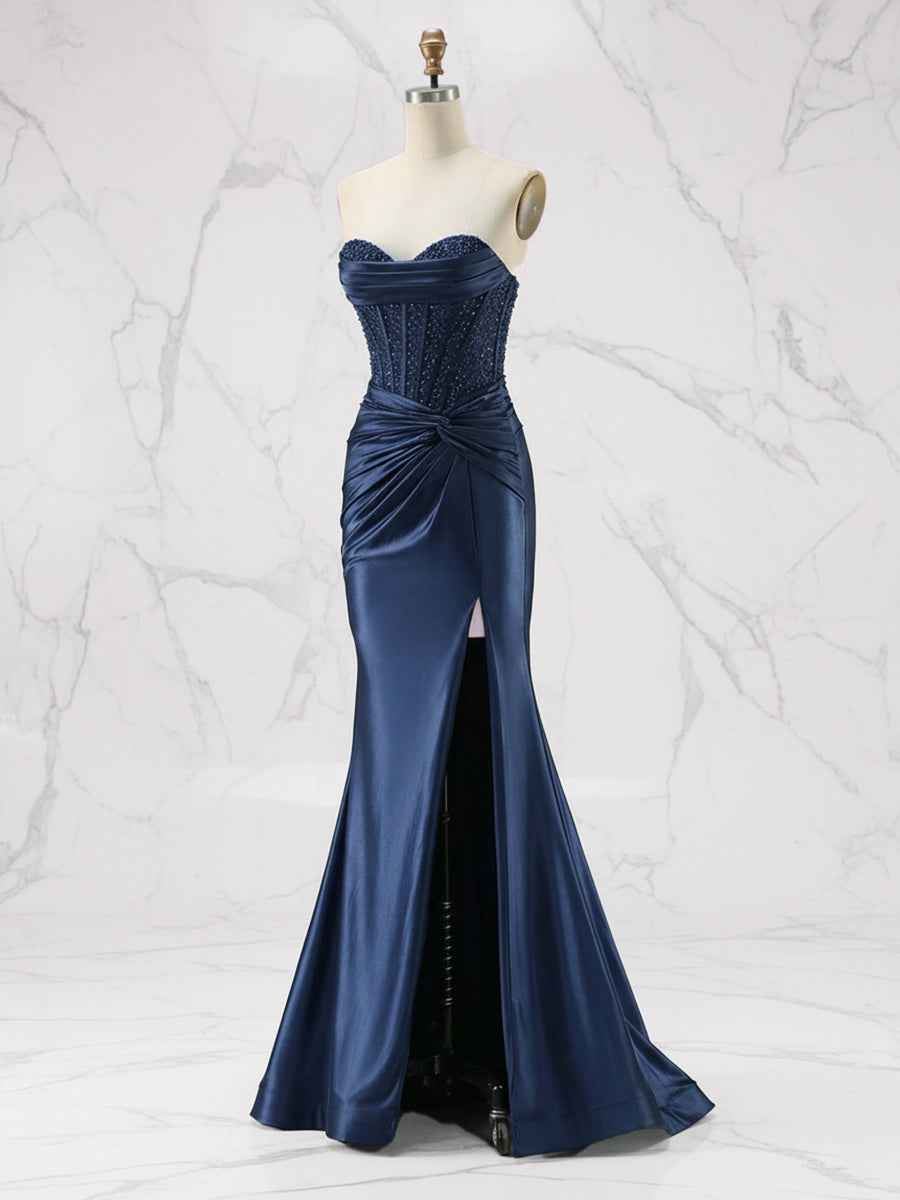 Glamorous Red Strapless Beaded Corset Satin Prom Dress