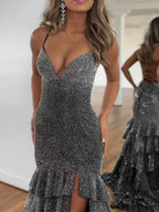Black Sparkle Tiered Ruffle Mermaid Prom Dress With Slit