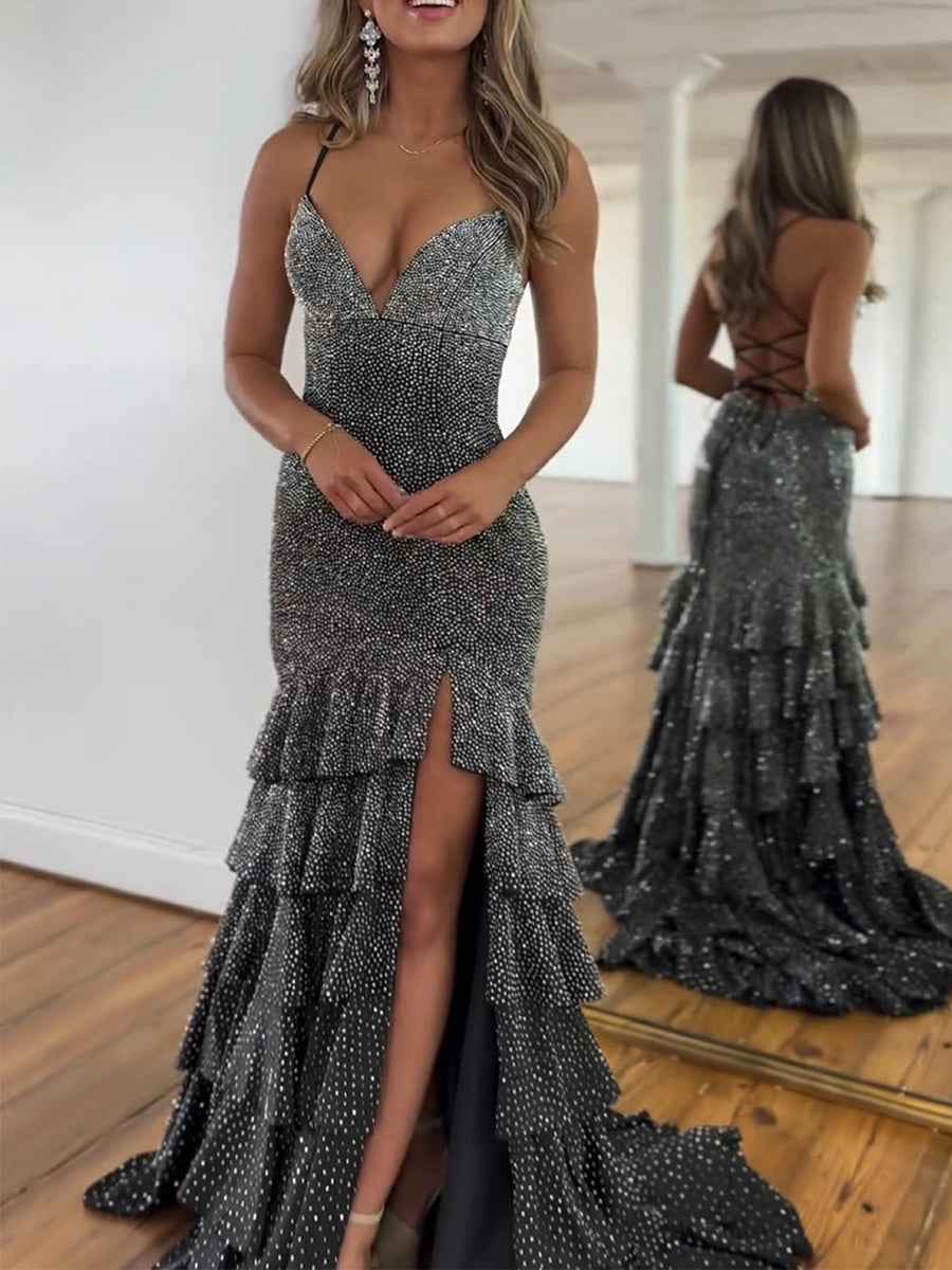 Black Sparkle Tiered Ruffle Mermaid Prom Dress With Slit