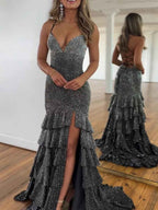 Black Sparkle Tiered Ruffle Mermaid Prom Dress With Slit