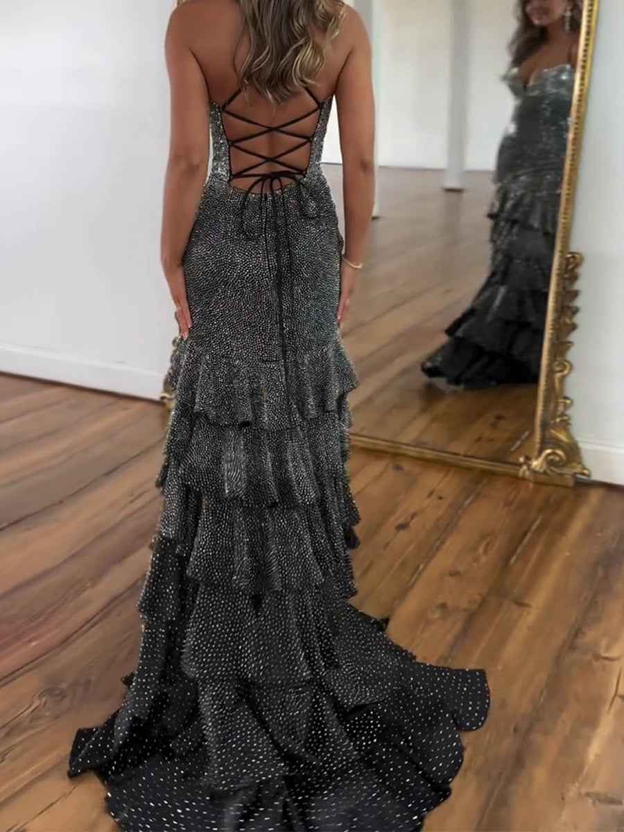 Black Sparkle Tiered Ruffle Mermaid Prom Dress With Slit