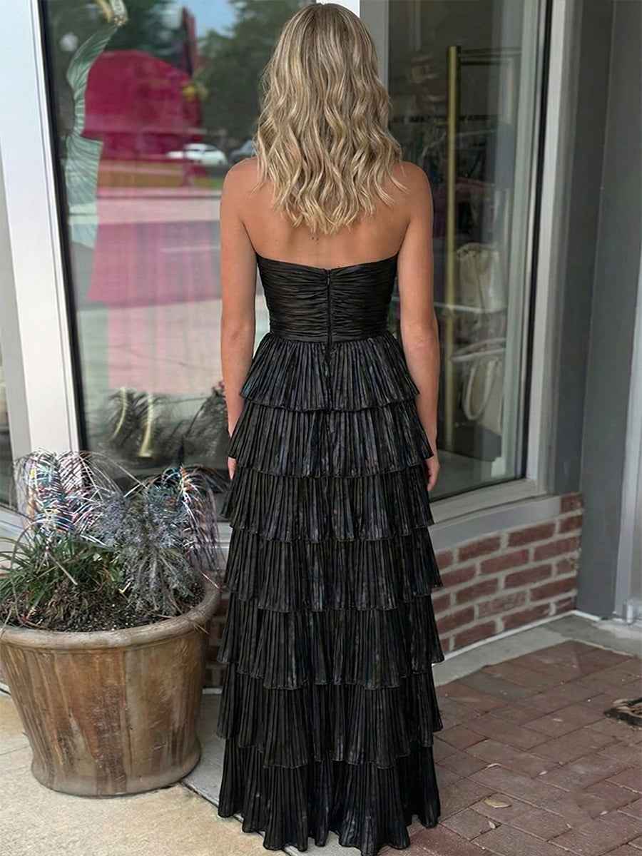 Glamorous Black Strapless Tiered Pleated Cutout Long Prom Dress