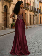 Gold Glamerous Cascading Crystal Beaded Bodice Prom Dress With Slit