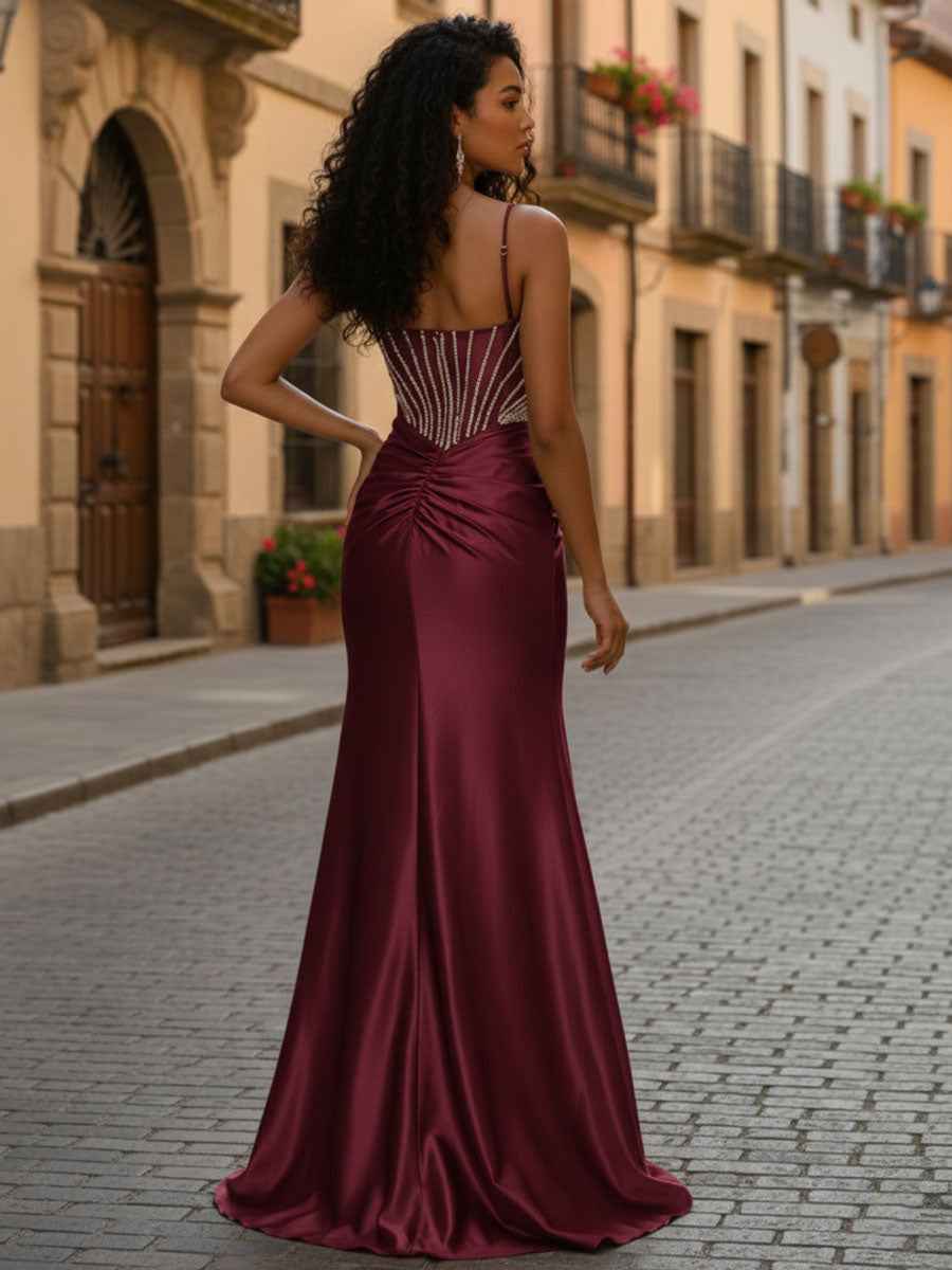 Gold Glamerous Cascading Crystal Beaded Bodice Prom Dress With Slit