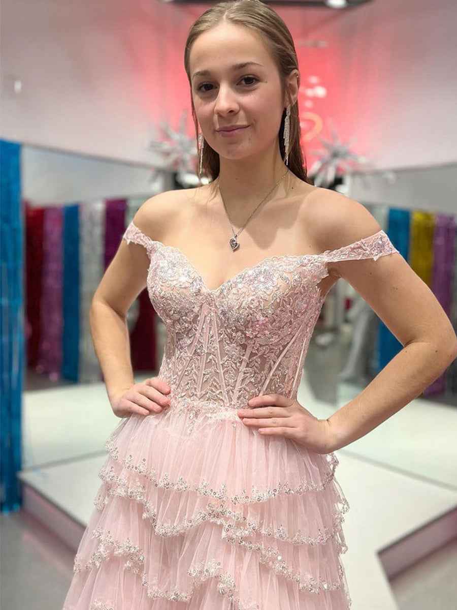 Glamorous Champagne Beaded Tiered Ruffle Corset Prom Dress