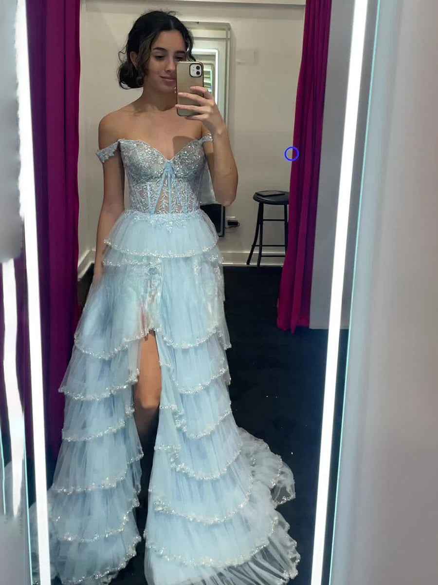 Glamorous Champagne Beaded Tiered Ruffle Corset Prom Dress