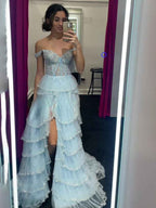 Glamorous Champagne Beaded Tiered Ruffle Corset Prom Dress