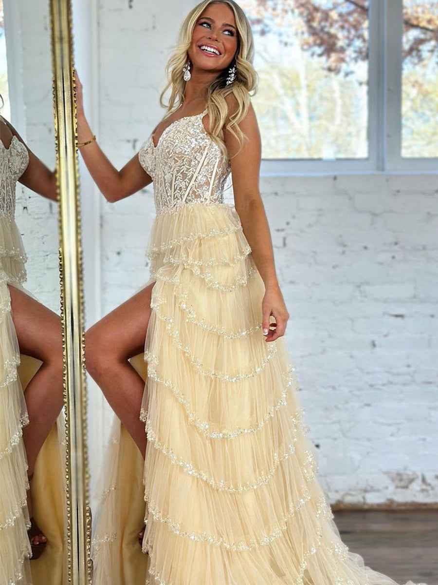 Glamorous Champagne Beaded Tiered Ruffle Corset Prom Dress