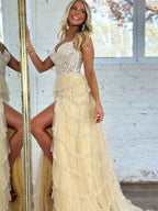 Glamorous Champagne Beaded Tiered Ruffle Corset Prom Dress