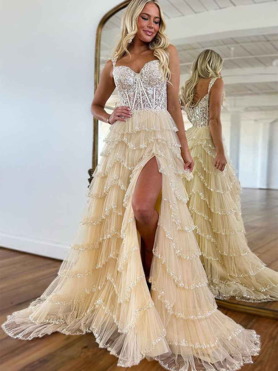Glamorous Champagne Beaded Tiered Ruffle Corset Prom Dress