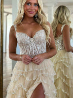 Glamorous Champagne Beaded Tiered Ruffle Corset Prom Dress