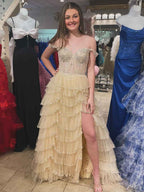 Glamorous Champagne Beaded Tiered Ruffle Corset Prom Dress