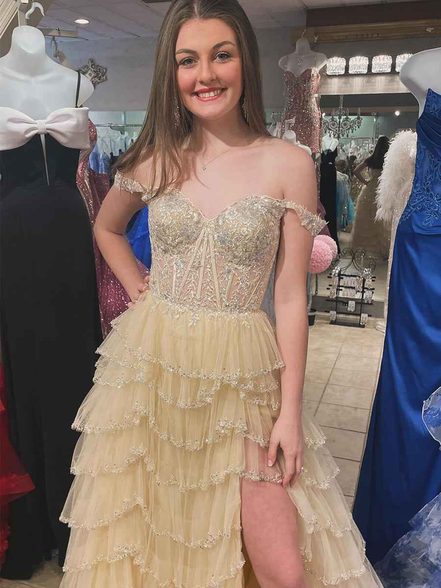 Glamorous Champagne Beaded Tiered Ruffle Corset Prom Dress