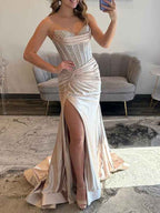 Glamorous Champagne Strapless Crystal Corset Satin Prom Dress With High Slit