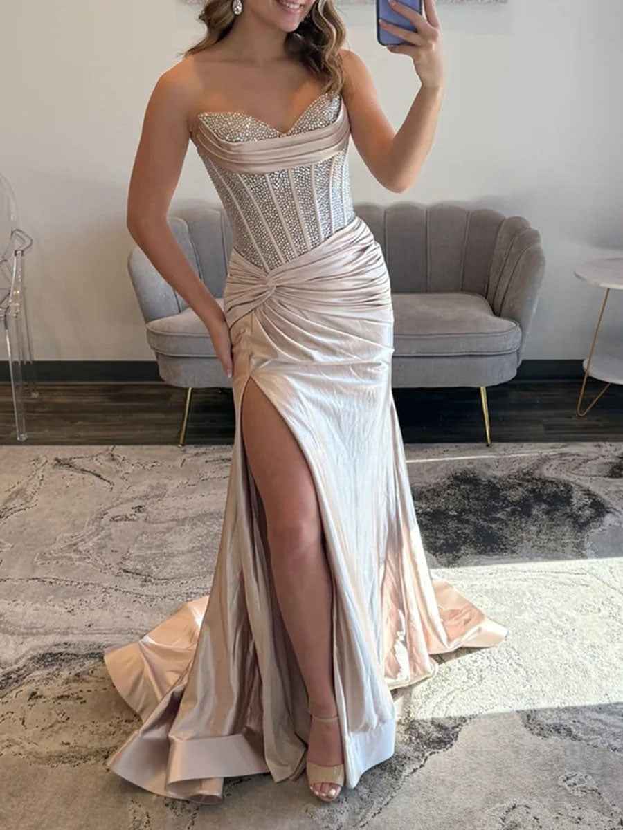 Glamorous Champagne Strapless Crystal Corset Satin Prom Dress With High Slit