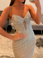Glamorous Champagne Strapless Beaded Mermaid Evening Gown