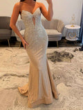Glamorous Champagne Strapless Beaded Mermaid Evening Gown