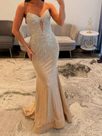 Glamorous Champagne Strapless Beaded Mermaid Evening Gown