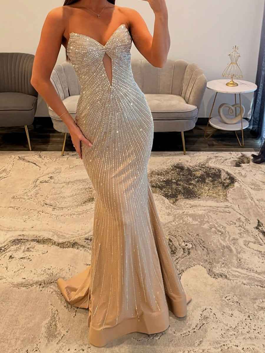 Glamorous Champagne Strapless Beaded Mermaid Evening Gown