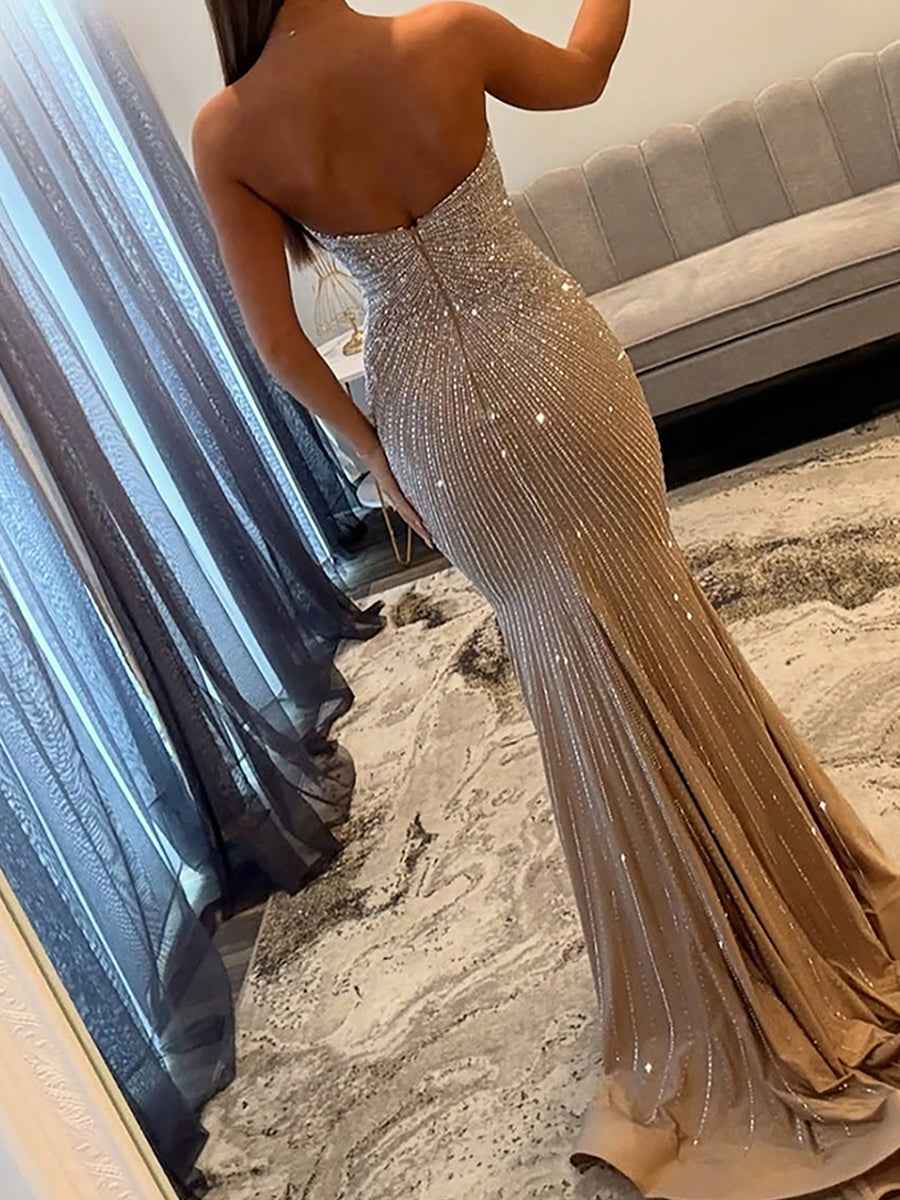 Glamorous Champagne Strapless Beaded Mermaid Evening Gown