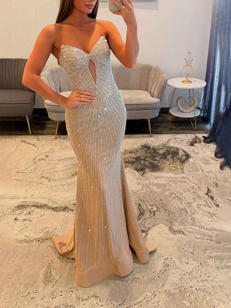 Glamorous Champagne Strapless Beaded Mermaid Evening Gown