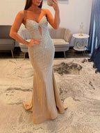 Glamorous Champagne Strapless Beaded Mermaid Evening Gown