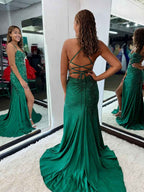 Glamorous Emerald Green Cutout Shimmer Prom Dress With High Slit