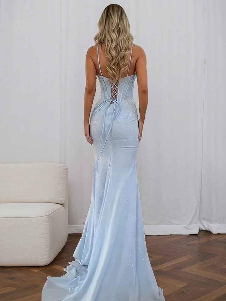 Glamorous Icy Blue Glitter Corset Prom Dress With Thigh High Slit