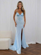Glamorous Icy Blue Glitter Corset Prom Dress With Thigh High Slit