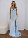 Glamorous Icy Blue Glitter Corset Prom Dress With Thigh High Slit