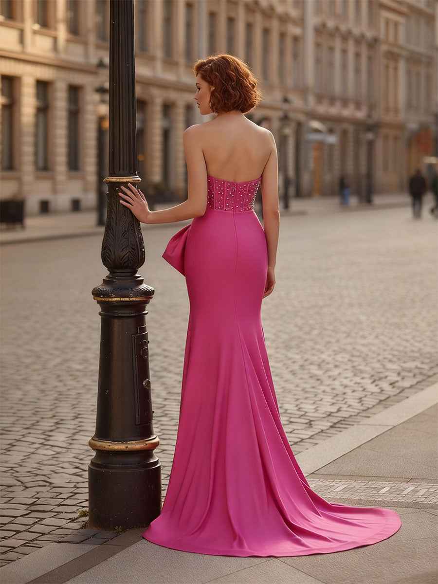 Pink Strapless Jeweled Bodice Prom Dress With Satin Bow And Crystals
