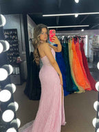 Light Pink Beaded Halter Prom Dress With High Slit And Sheer Bodice