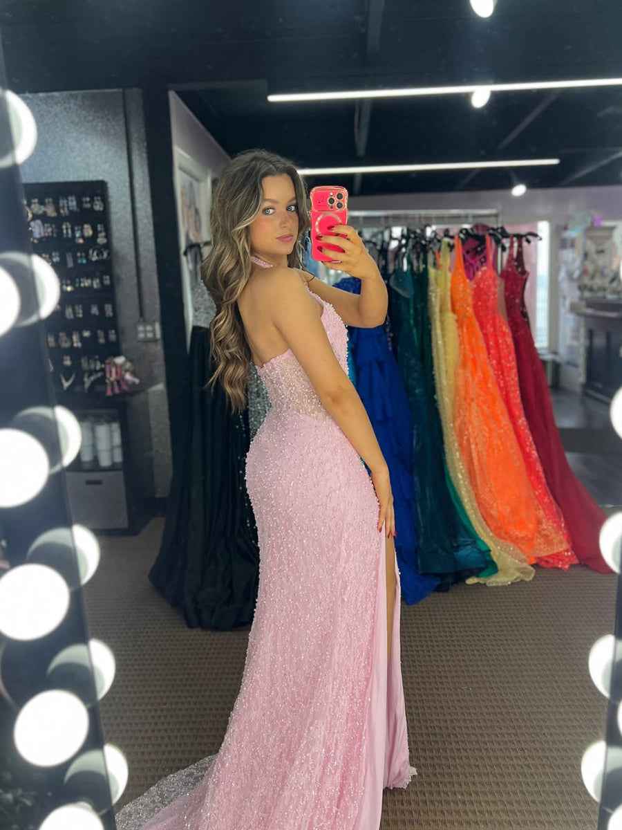 Light Pink Beaded Halter Prom Dress With High Slit And Sheer Bodice