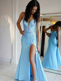 Icy Blue Beaded Prom Dress With Spaghetti Straps And Slit