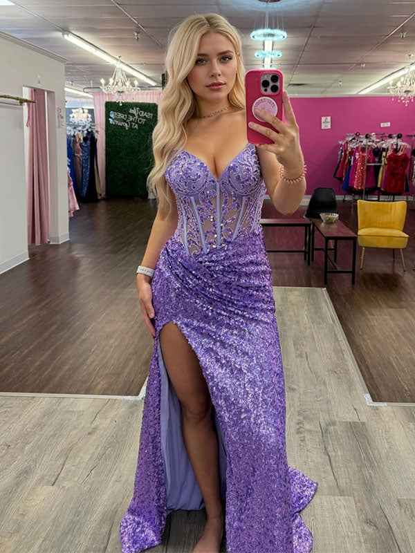 Glamorous Lilac Strapless Sequin Corset Prom Dress With High Slit